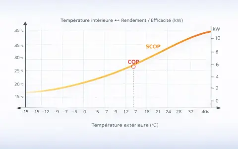 Courbe montrant le rendement d'une climatisation en fonction de la température extérieure. Le COP et le SCOP sont indiqués.