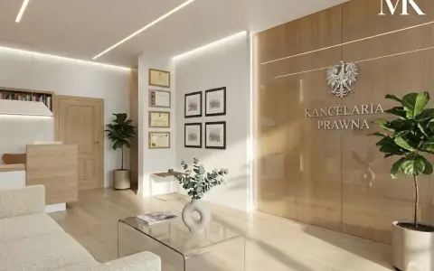 Nowoczesne wnętrze kancelarii prawnej z drewnianymi panelami, roślinami i kanapą.