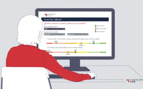Persona revisa en pantalla datos sobre inserción laboral de grados universitarios, comparando ADE, Derecho y Economía.