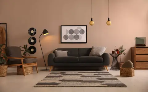 Idée déco salon avec canapé noir : ambiance cosy avec vinyles vintage, tapis graphique et fauteuil en bois.