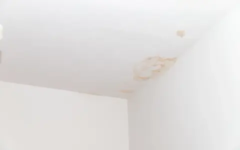 Brązowe plamy na białym suficie, świadczące o zacieku.