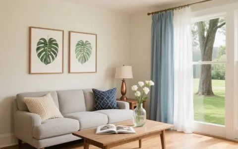 Soggiorno con divano grigio chiaro, cuscini decorativi e un tavolino in legno. Le tende blu e bianche si abbinano al divano, creando un'atmosfera rilassante.