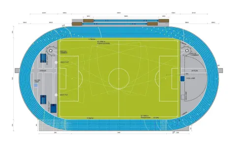 Grundriss einer Leichtathletikanlage mit Fußballfeld. Die Maße der Tartanbahn sind angegeben, um zu zeigen, wie lang eine Tartanbahn sein kann.