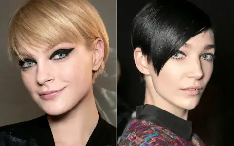 Pixie bob fryzura dla kogo? Dwie kobiety z krótkimi, nowoczesnymi fryzurami i wyrazistym makijażem oczu.