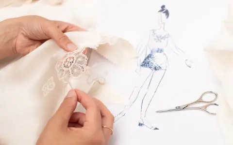 Main d'une couturière réalisant un assemblage couture délicat sur un tissu de soie, avec un croquis de mode et des ciseaux à proximité.