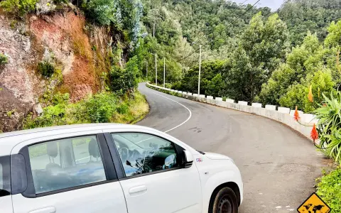 Weißes Auto auf einer kurvigen Straße auf Madeira. Die Fahrt durch die üppige grüne Landschaft ist ein Abenteuer.