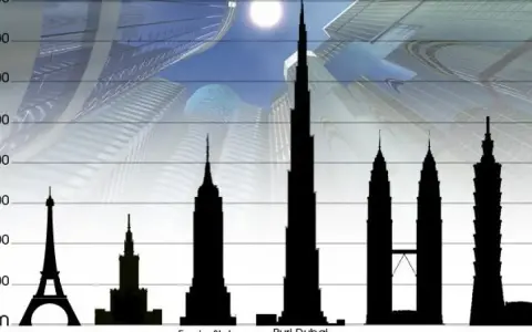 Porównanie wysokości wieżowców: Wieża Eiffla, Pałac Kultury, Empire State Building, Burj Dubaj, Petronas Towers, Taipei 101. Burj Khalifa wysokość robi wrażenie.
