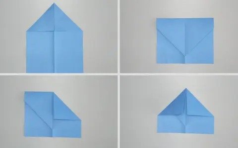Schritt-für-Schritt-Anleitung zum Papierflieger basteln: Vier Ansichten zeigen, wie aus blauem Papier ein Flugzeug entsteht.