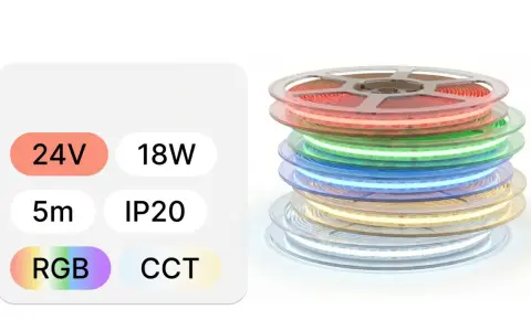 Różne rodzaje taśm LED: RGB, CCT, 24V, 18W, 5m, IP20. Kolorowe rolki taśm LED ułożone jedna na drugiej.