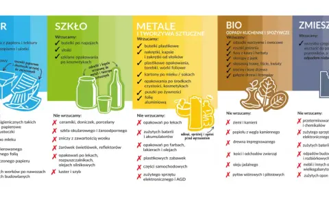 Grafika z 170203 pokazuje podział odpadów na kategorie: papier, szkło, metale i tworzywa, bio, zmieszane.