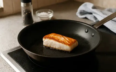 En bit torskfile steks gyllene i en stekpanna. Salt och pepparkvarn syns i bakgrunden.