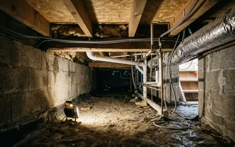 Éclairage d'un vide sanitaire avec un projecteur, révélant les tuyaux et la bâche d'étanchéité vide sanitaire.