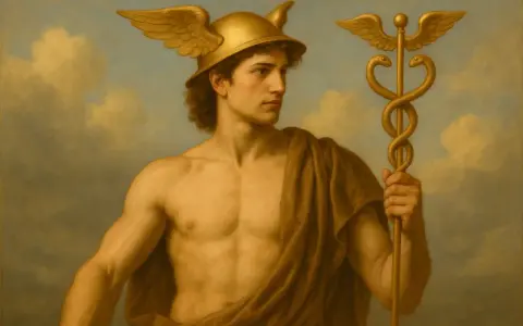 Hermes, der griechische Gott, trägt seinen geflügelten Helm und hält den Caduceus.