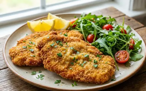 Milanesa de pollo dorada y crujiente, servida con ensalada fresca de rúcula y tomates cherry, acompañada de gajos de limón.