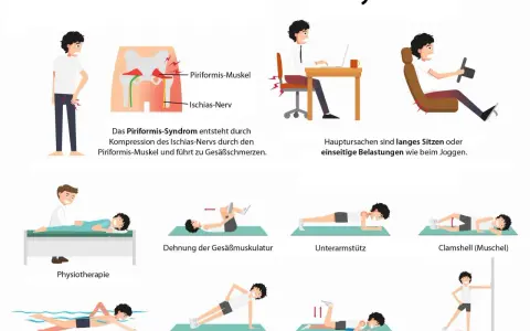 Illustrationen zeigen Übungen zur Linderung des Piriformis-Syndroms, wie Dehnung der Gesäßmuskulatur, Physiotherapie und Schwimmen.