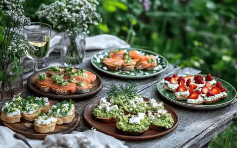 Välkomna till midsommar! Små, läckra snittar med lax, avokado och bär dukas upp på ett rustikt träbord.