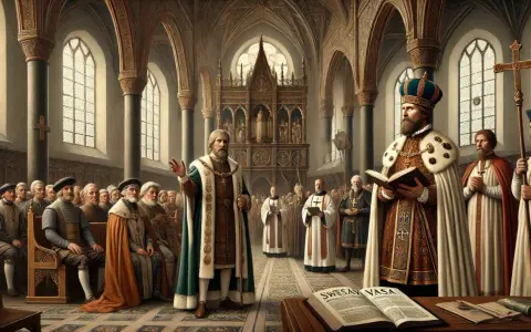 Kung Gustav Vasa läser ur en bok, omgiven av präster och adelsmän i en kyrka. Scenen skildrar reformationen i Sverige.