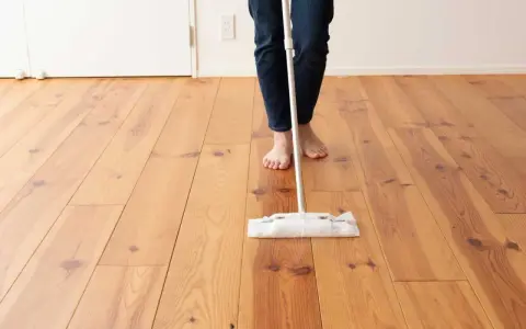 Persona descalza limpiando parquet con una mopa. El suelo de madera luce brillante y cuidado.