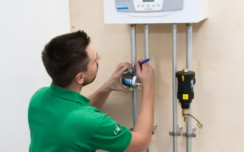 Instalator montuje separator zanieczyszczeń na rurze pod kotłem. Prawidłowe umiejscowienie zapewni ochronę systemu.
