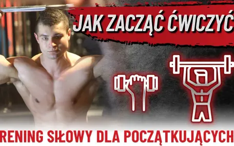 Młody mężczyzna z wyćwiczonymi ramionami trzyma sztangę. Obok ikony hantli i sylwetki podnoszącej ciężar. Temat: trening siłowy dla początkujących.