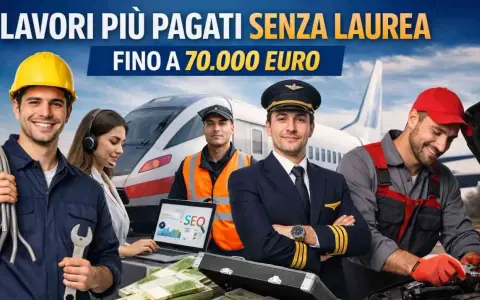 Professionisti sorridenti in vari settori, tra cui un pilota, un meccanico e un tecnico, suggeriscono lavori ben pagati senza esperienza, con un treno e un aereo sullo sfondo.