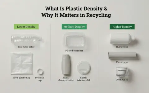 Visual guide showing plastic items categorized by density: PET bottles (lower), food containers (medium), and HDPE bottles/pipes (higher). Understanding the weight of plastics aids recycling.