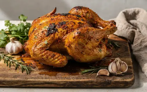 Pollo a la brasa dorado y jugoso, servido en tabla de madera con ajo, romero y cilantro. ¡Un festín para los sentidos!