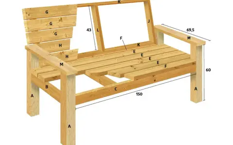 Ritning för att bygga enkel bänk ute. Visar delar och mått för en träbänk.
