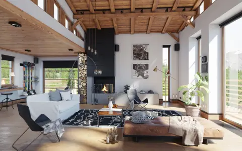 Ambiance chaleureuse d'un **chalet intérieur** avec cheminée, canapé blanc, fauteuil design et vue sur la montagne.
