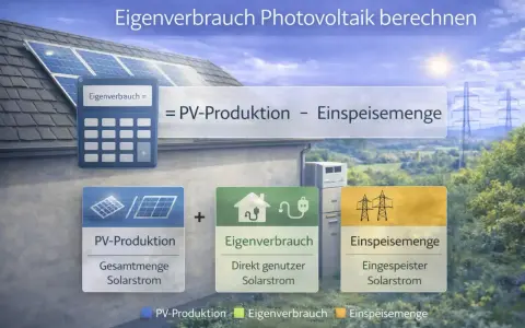 Berechnung des Eigenverbrauchs von PV-Anlagen: PV-Produktion minus Einspeisemenge ergibt den direkt genutzten Solarstrom.
