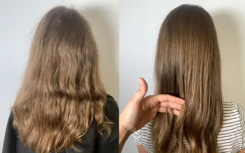 Vorher/Nachher-Vergleich: krauses Haar wird glatt und glänzend durch die Keratin-Wirkung.