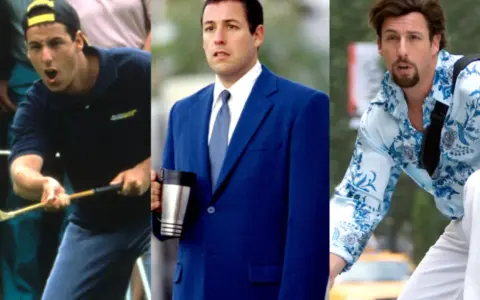 Adam Sandler i tre olika roller från sina filmer. En som golfare, en i kostym och en i en blommig skjorta.
