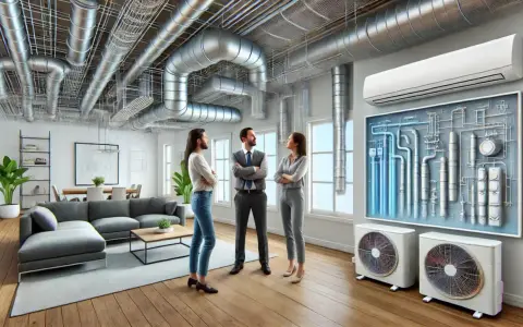 Tres personas discuten sobre un sistema hvac que es, con tuberías visibles en el techo y unidades exteriores.