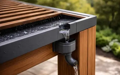 Système d'évacuation eau de pluie pergola en action, l'eau ruisselle sur le toit en bois et métal vers la gouttière.