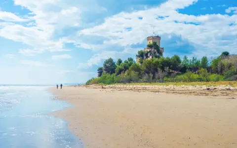 Passeggiata sulla spiaggia di Pineto mare, con un castello in lontananza tra i pini.