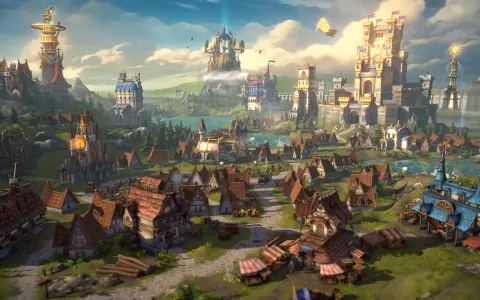 Fantastyczne miasto z zamkami i wieżami, zapowiadające premierę gry "Heroes olden era".