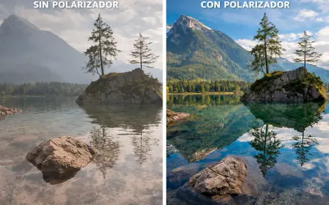 Comparativa de paisaje: sin polarizador, el agua se ve opaca; con filtro CPL, el agua es cristalina y los colores vibrantes.