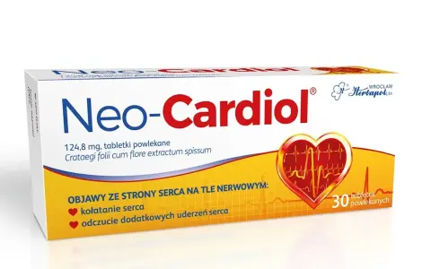 Opakowanie leków na serce Neo-Cardiol, z symbolem serca i EKG. Pomaga na kołatanie serca.
