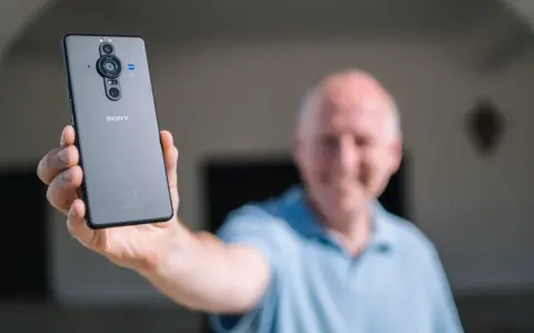 Mężczyzna prezentuje tył telefonu Sony Xperia Pro z potrójnym aparatem.
