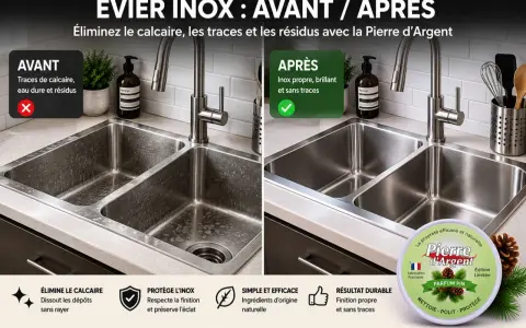 Avant/après d'un évier inox : le nettoyage de la cuve inox révèle un éclat sans traces grâce à la Pierre d'Argent.