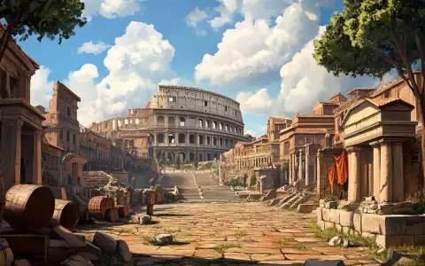 Vista del Coliseo y edificios antiguos, con barriles de madera en primer plano. Un paisaje que evoca el inicio del imperio romano.