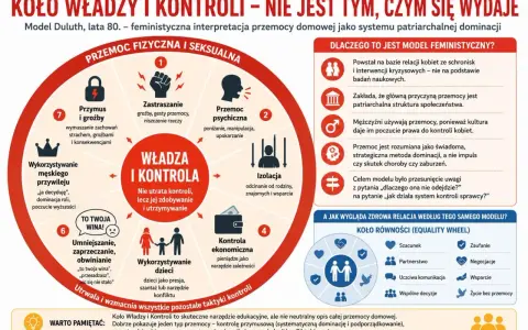 Koło Władzy i Kontroli: groźby, zastraszanie, izolacja, kontrola ekonomiczna, wykorzystywanie dzieci, umniejszanie, wyzysk, przemoc psychiczna. To nie buksowanie kół, lecz system kontroli.