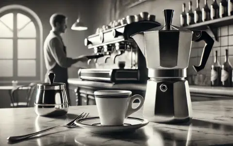 Kawiarka i filiżanka na blacie, barista w tle przygotowuje kawy włoskie.