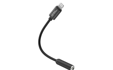 Svart adapter med Lightning-kontakt i ena änden och 3,5 mm hörlursuttag i andra. Perfekt för din lightning till usb-c adapter.