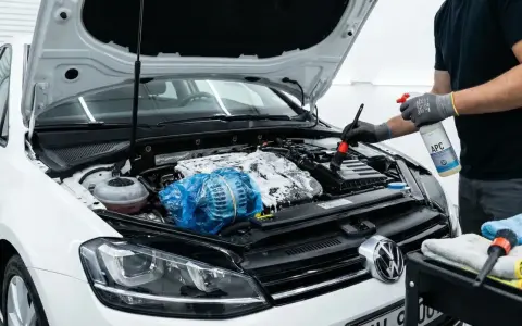 Persona con guantes rocía producto para limpiar motor coche. Usa cepillo para detallar el compartimento del motor cubierto de espuma.