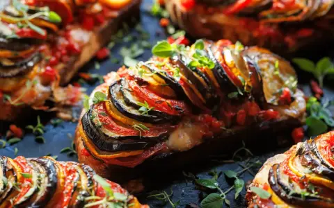 Un délicieux tian de légumes, aux fines tranches d'aubergine, courgette et tomate, garni d'herbes fraîches.