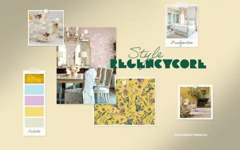 Ambiance douce et florale dans un style Regencycore : vaisselle fine, salle à manger élégante, motifs oiseaux et fleurs, et une chambre inspirée de Bridgerton.