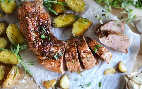 En saftig ytterfile i ugn, skuren i skivor, serverad med ugnsrostade potatisar, vitlök och färska örter.