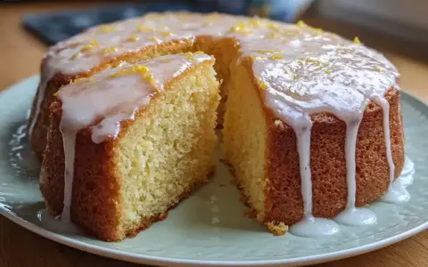 En saftig sockerkaka med citron, täckt av glasyr och rivet citronskal. En bit är uppskuren.