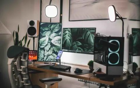 Escritorio moderno con doble monitor, PC con luces RGB, altavoces y plantas. Ideas para tu habitación gamer.